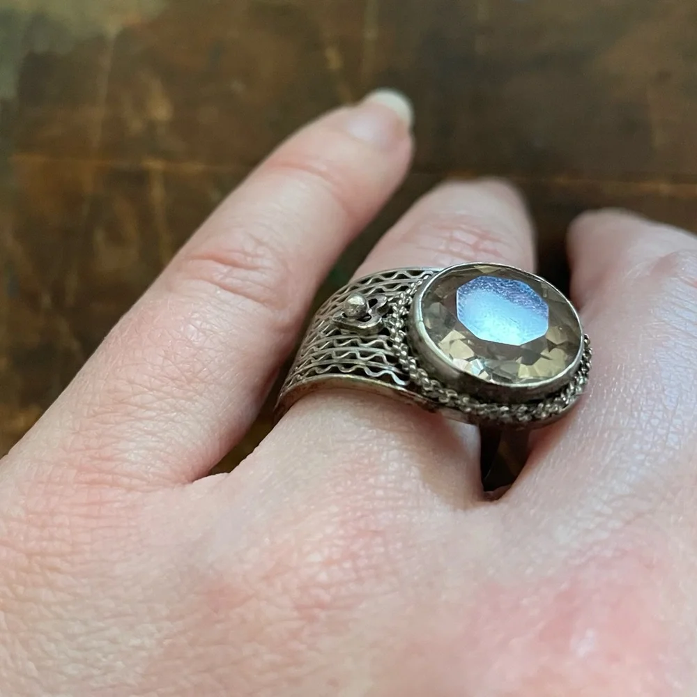 Vintage deco ring silver mesh with smoky quartz stone